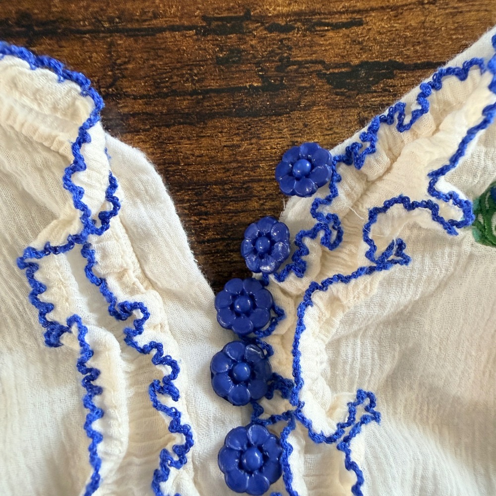 Anthropologie Floreat Cotton Embroidered Ruffle Dress Ivory Blue Floral Size 12 - Picture 15 of 15